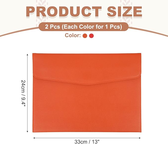 PATIKIL 2Pcs PU Leather A4 File Folder, Document Holder Envelope Waterproof Napa Texture Filing Organizer Portfolio Folder Case with Magnetic Snap Closure for Home Office, Orange, Red