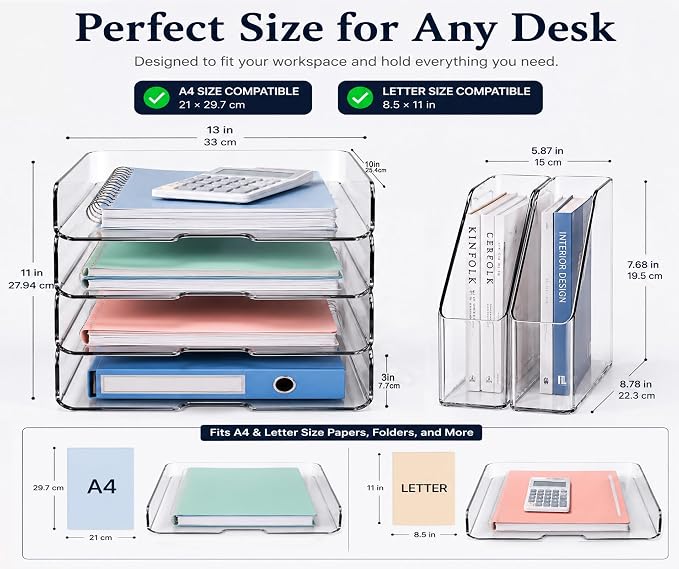 DCA 4 Tier Clear Desk Organizer, Letter Tray with 2 Magazine Holders | Stackable Desktop File Storage | Documents, Books & Supplies | Office & Home | Large Capacity