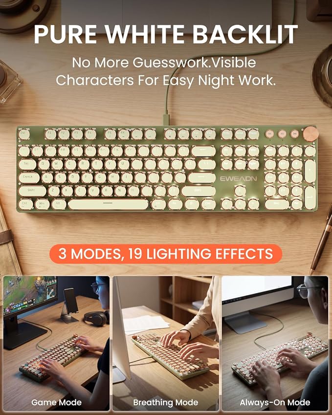 SEUNKWANG Wired Typewriter Keyboard and Mouse Combo, Retro Mechanical Keyboard with Multimedia Knob, White Backlit, Metal Panel, Low Noise Pink Switch Keyboard Mouse Set for PC Laptop - Green