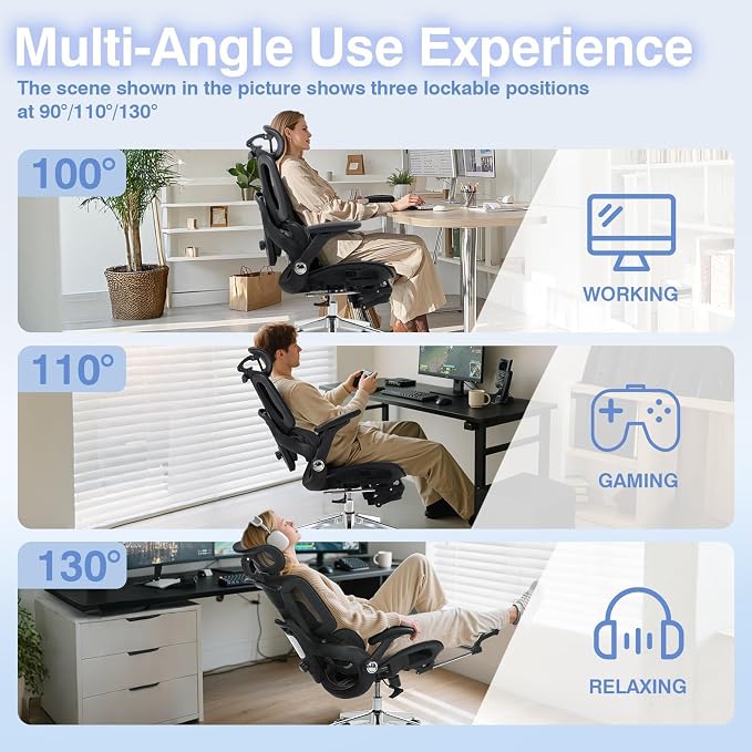 Ergonomic Mesh Office Chair with Footrest, High Back Desk Chair with 4D Armrests, 3-Zone Dynamic Lumbar Support, Ergonomic Office Chair with Wheels (Black)