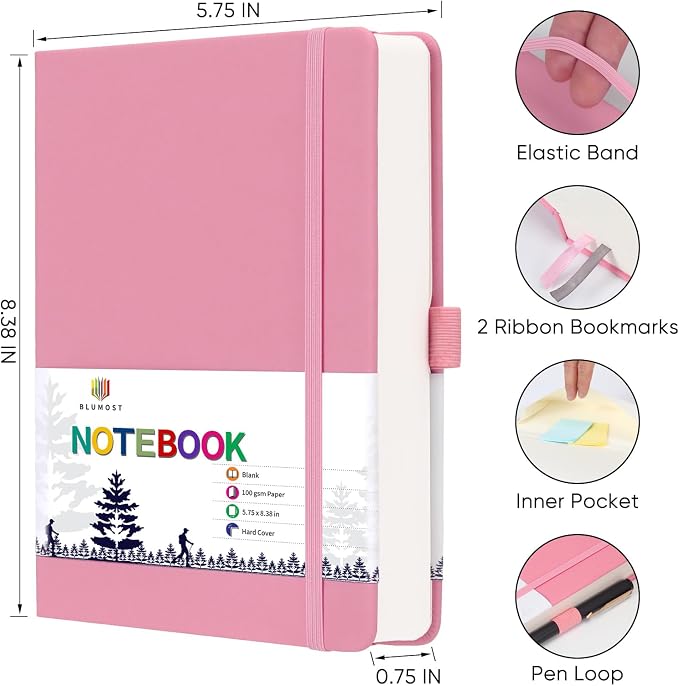 Blank Paper Notebook - 280 Pages A5 Blank Journal Notebook with 100gsm Thick Blank Paper, Hardcover, PU Leather, 5.75'' × 8.38''-Pink