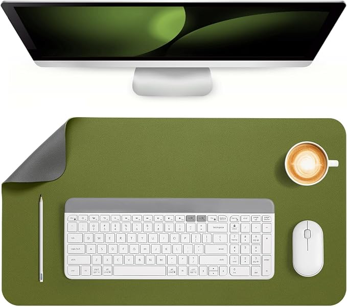Dual Sided Desk Pad Faux Leather Desk Mat Large Mouse Pad | Desk Pad Protector Non-Slip Waterproof Desk Mouse Pad for Writing Desk, Office, Home(Green Gray 23.6"X13")