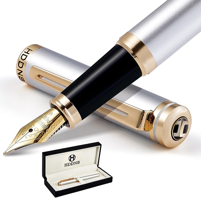Silver Luxury Fountain Pen Set for Men and Women with Gift Box, 24K Gold Finish and Gilded Nib(Medium) with 5 Black Ink Cartridges and Converter