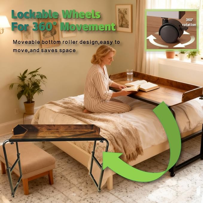Overbed Table with Wheels and Desktop Enclosure, Height and Length Adjustable Over Bed Desk King Queen Bed Table Overbed Laptop Table (Rustic Brown)