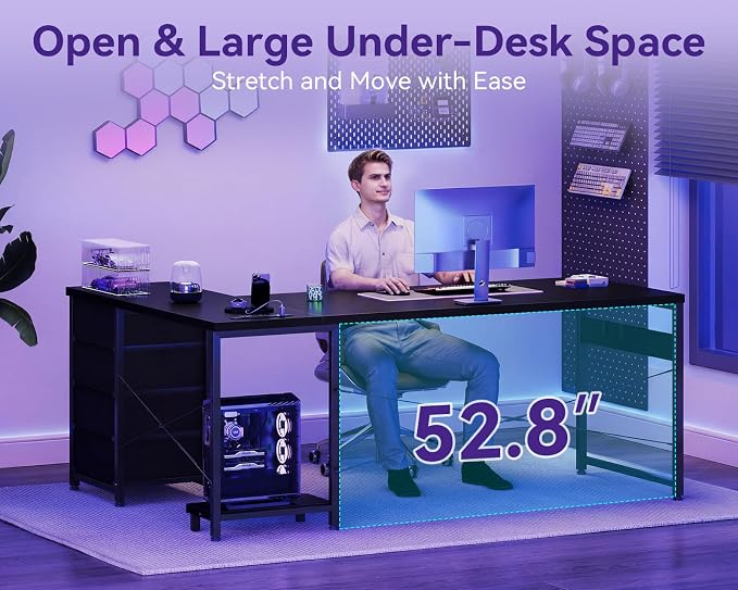 AODK 67" L Shaped Gaming Desk with 4 Drawers and Power Outlets, Black | USB Ports, PC Tower Stand, Hooks, Reversible Corner Layout for Gaming Rooms, Bedrooms and Home Office