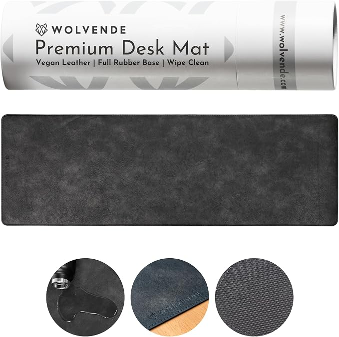 Premium Distressed Faux Vegan Leather Desk Mat | Multifunctional Desk Pad for Home Office | (Black/Grey, 12" x 36") | Hard-wearing distressed vegan leather, desk & mouse pad for writing, gaming, home office and everyday desk protection