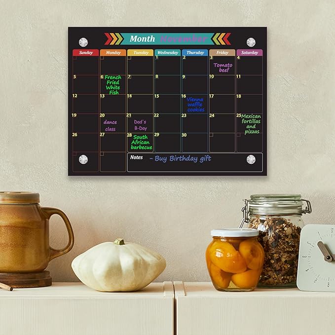 Glass Dry Erase Whiteboard, Color Monthly Calendar Whiteboard, 12" x 16",Frameless Glass White Board for Home, School, Office, Black Surface(Boli-Color-3040)