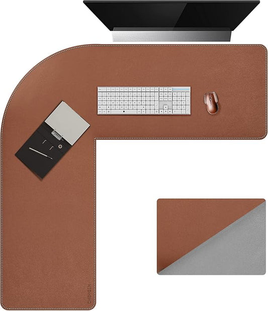 Chihein L-Shaped PU Leather Desk Pad (45.3” + 57.1”) x 15.7”(Brown/Gray), Reversible Corner Desk Mat, Computer Office Mouse pad Writing Table Pad for Home Office