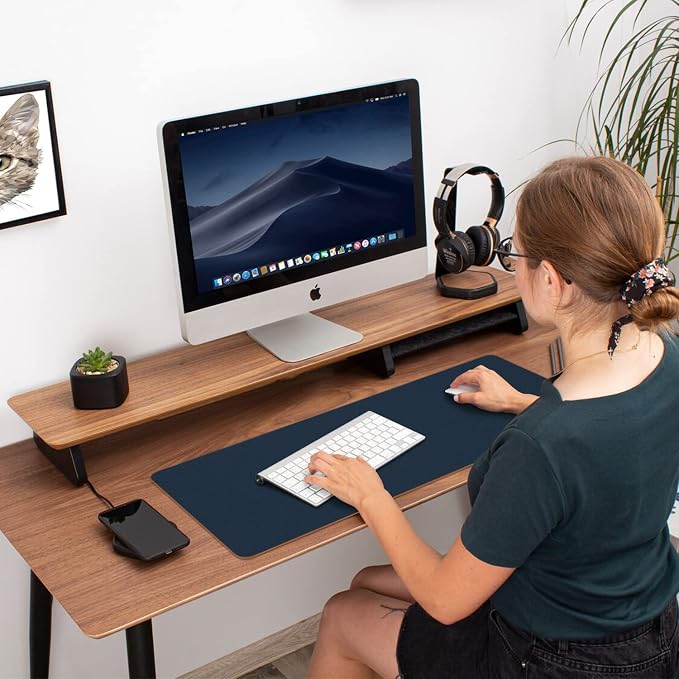 Desk Mat Large Protector Pad For Home, Office - Smooth Surface Soft Multifunctional Dual-Sided Desk Mouse Pad For Desktop, Waterproof, PU Leather (Dark Blue, 23.6" x 13.7")