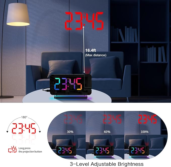 Projection Alarm Clock for Bedroom Ceiling,RGB Digital Clocks Radio with | 10 Colors RGB Night Light,Loud Alarm Clock for Heavy Sleepers,USB C Charger Port,Snooze,12/24H,Auto Dimming