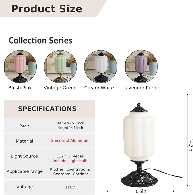 Vintage Touch Bedside Table Lamp, Elegant Green Glass Bedside Desk Lamp 3 Way Dimmable with USB C+A Charging Ports - Bedroom Nightstand & Living Room Essential (White, 6.5)