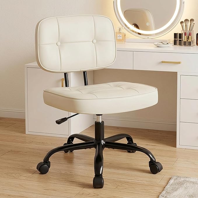 DUMOS Armless Office Desk Chair, Small Vanity Chair with Lumbar Support | PU Leather, 360° Rolling Swivel, Height Adjustable, Fit Computer Task, Bedroom Living Room, Beige