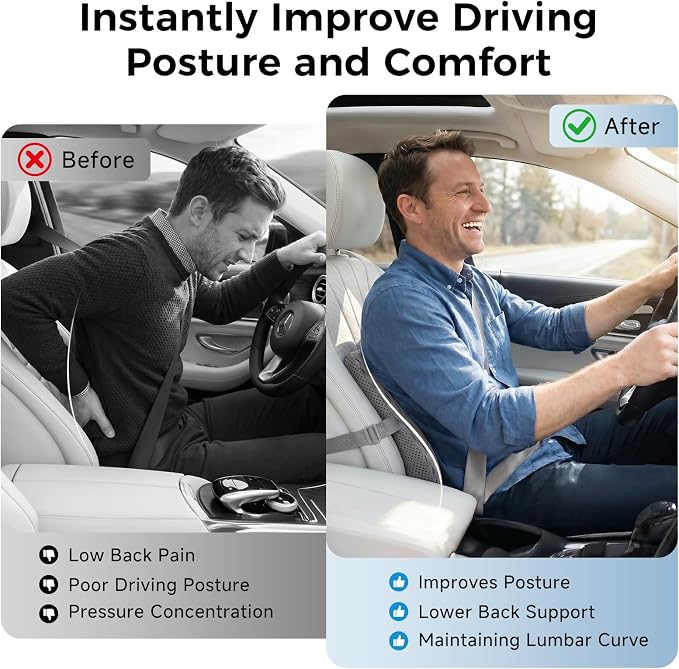 Lumbar Support Pillow for Car & Office Chair - High-Density Memory Foam for Sciatica & Lower Back Pain Relief - Non-Slip Back Support Cushion for Long Commutes & Desk Workers (4D Mesh Gray)