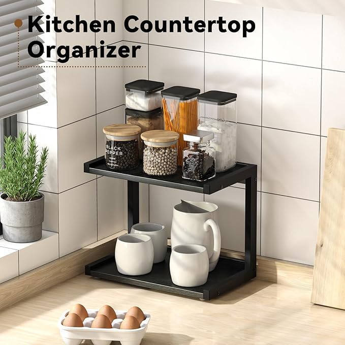 MARTY Kitchen Counter Shelf Organizer, 2 Tier Coffee Station/Bar Organizer | Spice Rack for Countertop, Mugs Cups, Desk Shelf Riser, Bathroom Counter Organizer, Wood+Metal, Black