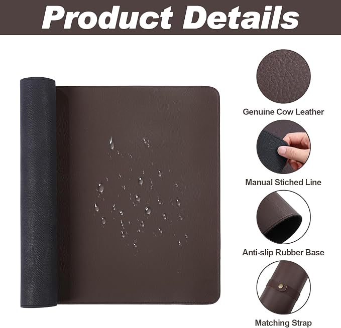 Tegeme Genuine Leather Desk Mat Large Desk Pad 23.6 x 13.7 Inch Non Slip Leather Table Protector with Stitched Edges and Rubber Base Brown Stylish Laptop Mat Smooth Writing for Workspace Home Office