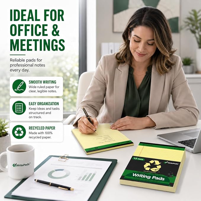 KAISA Legal Note pads 8.5 x 11，12pads 600 Sheets note pads office supplies Recycled Paper 8.5 x 11 Wide Ruled 50 sheets Premium Thick Paper Hard Back Notepads 8-1/2"x 11-3/4" Writing Tablet Canary For Office Supplies (Pack of 12)