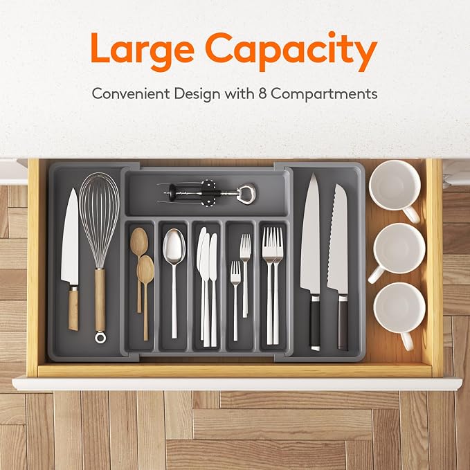 Lifewit Silverware Drawer Organizer, Expandable Utensil Tray for Kitchen, BPA Free Flatware and Cutlery Holder, Adjustable Plastic Storage for Spoons Forks Knives, 13-22 x 15", Dark Gray