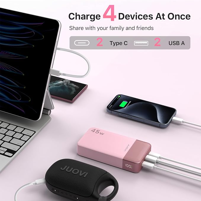 JUOVI Power Bank 45W 20000mAh Portable Charger USB C, PD QC Fast Charging 4-Port(2C+2A) External Battery Pack with LED Display, for iPhone 15 16 MacBook ipad