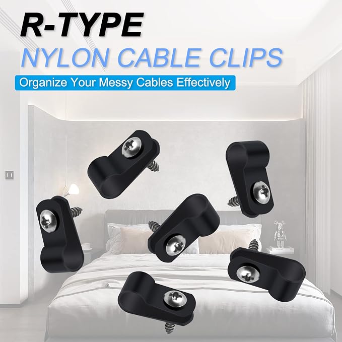 VIPMOON 100 Pcs 1/4 Inch R-Type Cable Clips Clamp Kit, Nylon Mounting Cord Fastener Clips with 100 Pack Screws for Indoor Outdoor Electrical Wire Management Organizer, Black