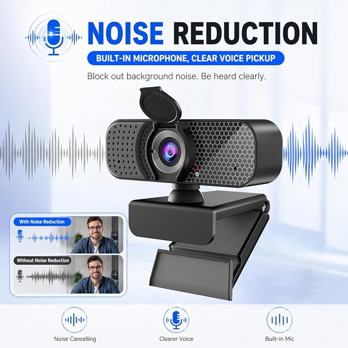 C26 1080P Webcam with Microphone, USB Computer Camera with Privacy Cover, Noise Reducing Mic, Auto Light Correction, 105° Wide Angle, Plug&Play for PC Mac Laptop Zoom Teams Streaming