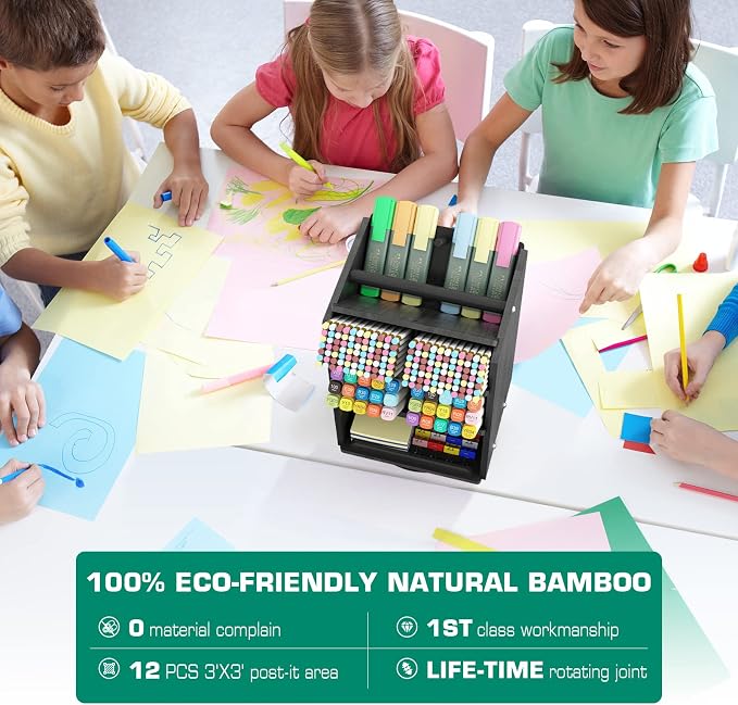 Bamboo Rotating Large Desk Organizer - Darfoo Art Supply Organizer, 13 Compartments, 1000+ Pencil Holder Capacity, Easy DIY Assembly, Spinning Desktop Organizer for Home Office Supply (Black)
