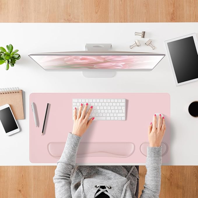 Pink Leather Desk Pad and Keyboard Wrist Rest, 47.2"x23.6" | 3in1 Mouse pad + Keyboard Wrist Rest + Mouse Wrist Rest, Non-Slip Waterproof Desk Writing Pad for Office and Home
