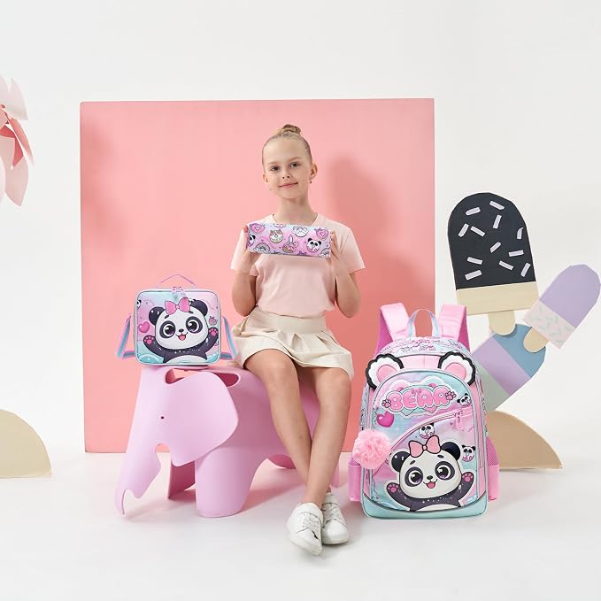 Meetbelify Backpack for Girls Cute Panda School Bag with Lunch Box for Elementary Student Kids Bookbag for Girls 8-10