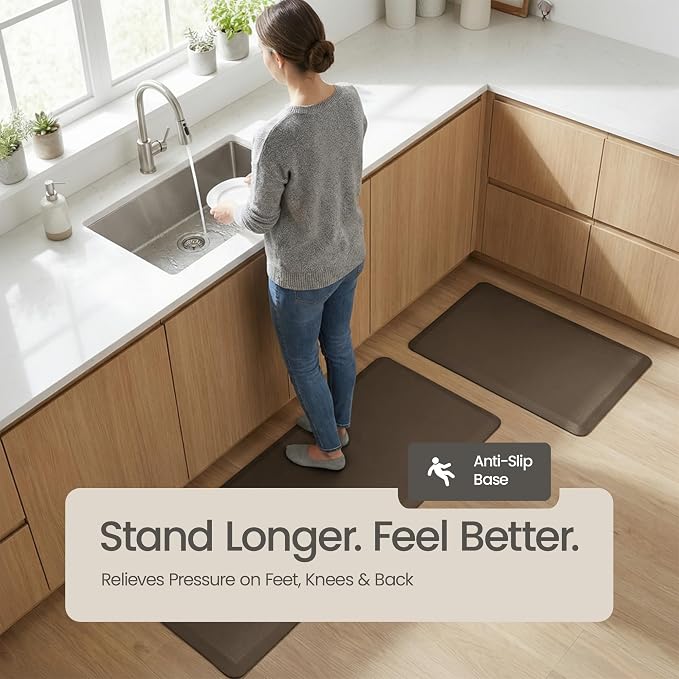 Anti Fatigue Kitchen Mats for Floor | Padded Kitchen Rugs | Non Slip, Cushioned Standing Desk Mat | Waterproof Floor Mat | 17.3" x 28" x 0.47" & 17.3" x 47.2" x 0.47", Brown, 2-Pack | More Décor