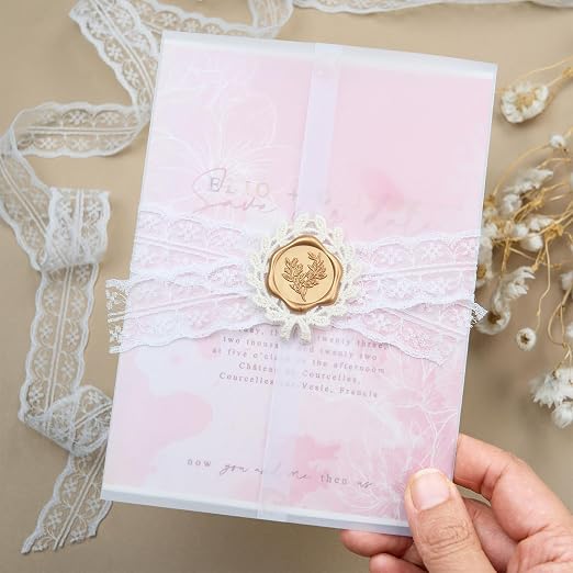 UNIQOOO Wax Seal Stickers with Lace Border- Vintage-Style Eucalyptus Botanical Wedding Invitation Envelope Seals, 50Pcs Self-Adhesive Light Gold Wax Stickers, Perfect for Invitations & Gift Wrapping