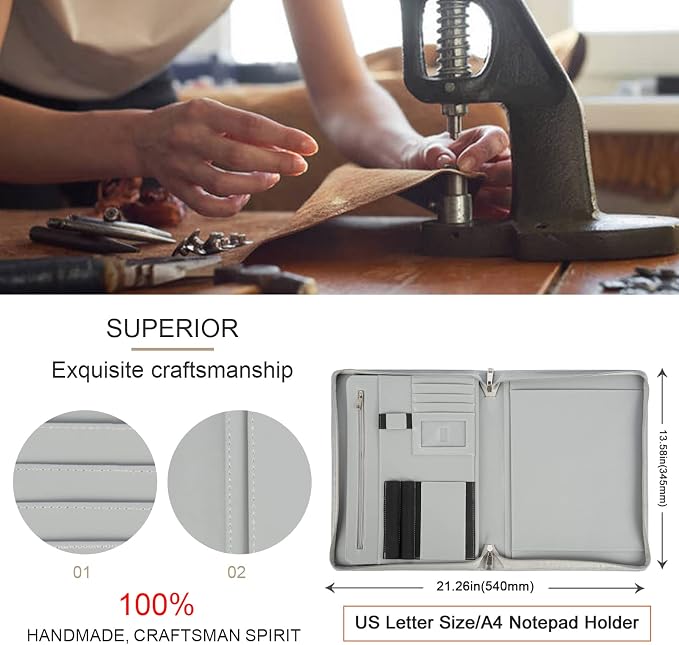 Personalized Leather Portfolio with Zipper, Professional Business Padfolio with A4/US Letter Writing Pad Holder for Interview, Resume Folder for Men and Women, Gray