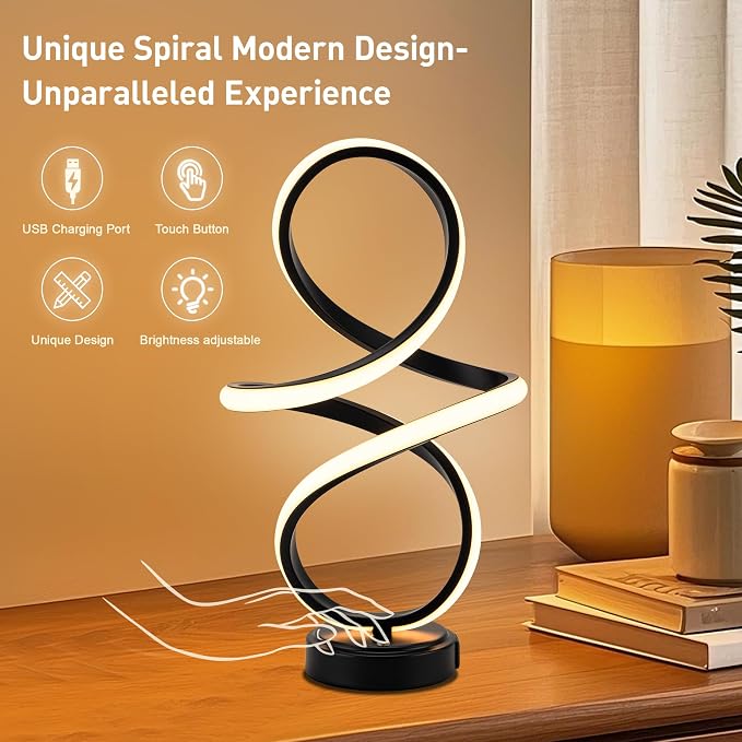 Mayful Modern Spiral Table Lamp, Black Small Nightstand Lamp with USB C & A Ports, Touch Control Dimmable with 3 Color Temperatures,Unique LED Bedside Lamps for Bedroom Living Room Nightstand Office
