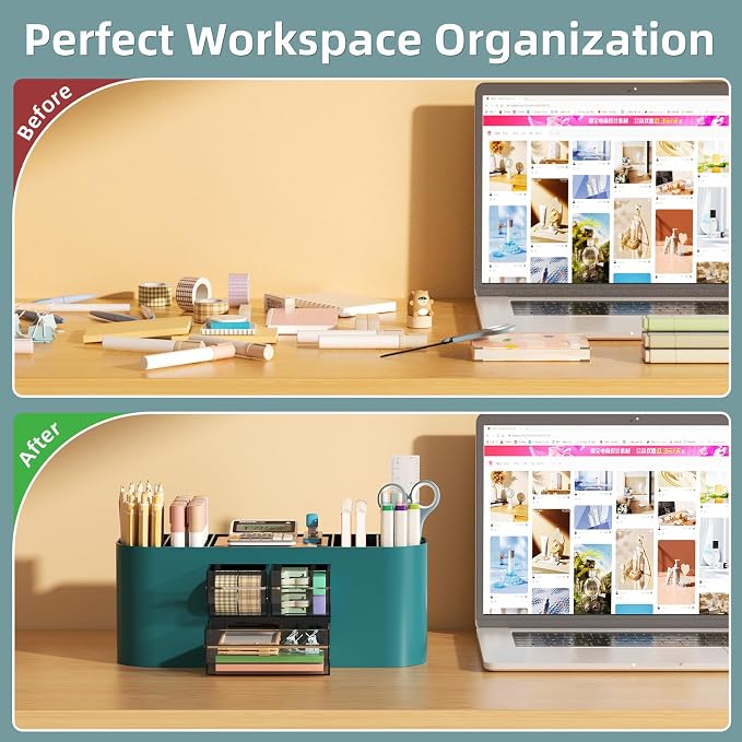 Marbrasse Pen Holder for Desk with 3 Drawers, Multi-Functional Pencil Holder, Desk Organizers and Accessories with 7 Compartments for Home, School, Classroom (Dark Green)