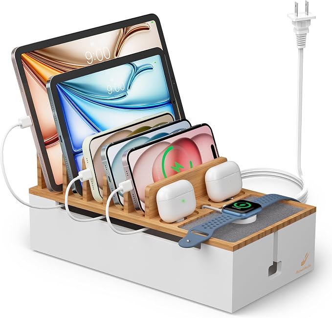 Pezin Hulin Multi Devices Charging Station - Natural +White | with USB Power Adapter, and 6 Wire Cables - Cord Organizer Management, Cell Phone Charger Dock Stand, Desktop Cord Hider Box