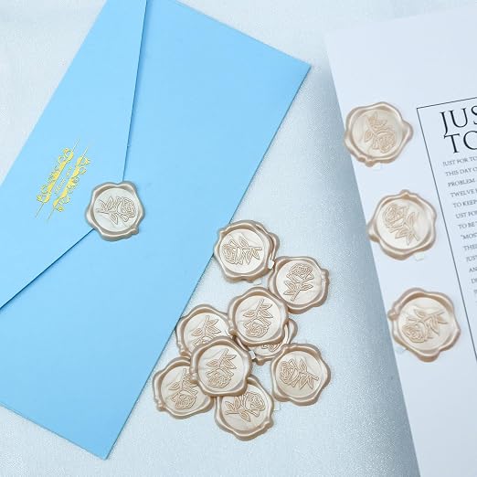 Wax Seal Stickers - 3D Champagne Rose Wedding Invitation Envelope Botanical Seal Stickers, 50 Pcs Self- Adhesive Stickers, Perfect for Wedding Invitation, Christmas, Gift Wrapping, Baby Shower