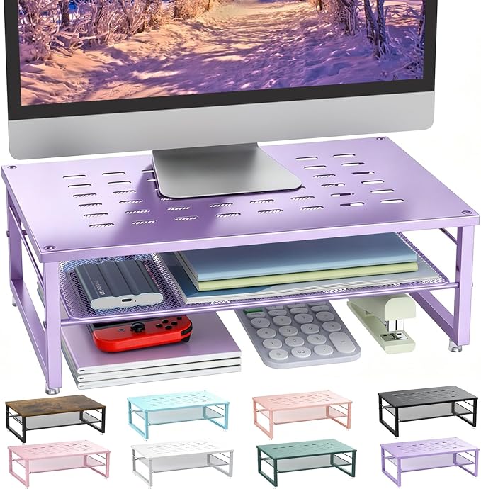 gianotter 2-Tier Metal Monitor Stand Riser, Office Desk Storage Organizer for Computer Monitor, Laptop, Printer, Office Supplies (Purple)