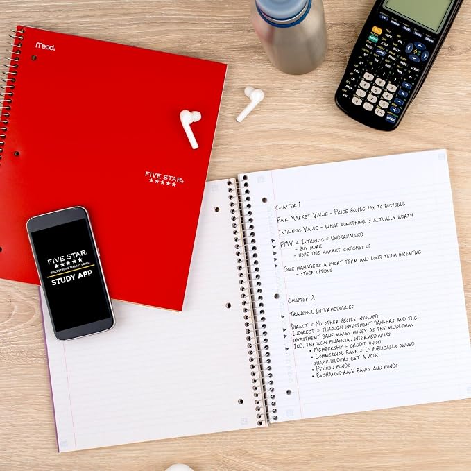 Five Star Spiral Notebook Plus Study App, 1 Subject, College Ruled Paper, 100 Sheets, 8-1/2" x 11", Fire Red (72053) (Pack of 2)