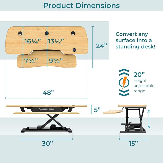 VERSADESK PowerPro 48 Inch Electric Standing Desk Converter – Push-Button Height Adjustable Sit to Stand Desk Riser for Multiple Monitors – Motorized Desktop Workstation with Wide Keyboard Tray
