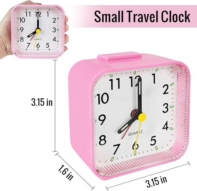 Lamisola Small Pink Kids Desk Alarm Clock, Analog Travel Battery Operated Clock,Quieter Bedside Clocks for Girls' Bedrooms Bathroom Living Room Kitchen Shelf Clocks