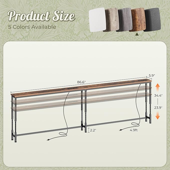 Huuger 86.6 Inch Sofa Table with Power Outlets, 23.9’’-34.4’’ Height Adjustable Range, Behind Couch Table with USB-C Ports, Sofa Tables Narrow Long, Skinny Console Table, Small Spaces, Rustic Brown