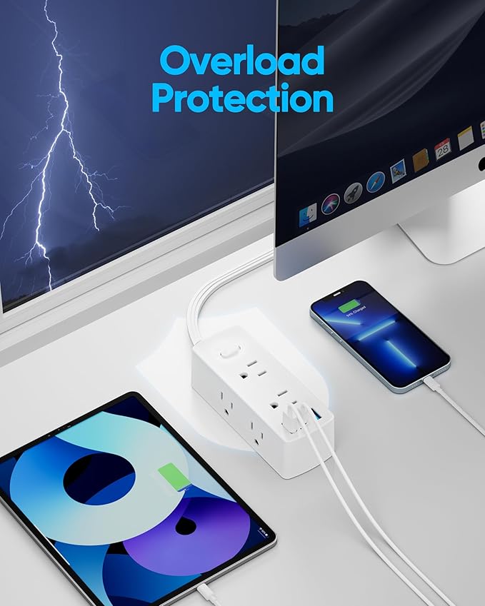 Olcorife Flat Plug Power Strip with 5 FT Extension Cord, 6 Outlets 3 USB Ports(1 USB C), 3 Sided Outlet Extender for Home Office Travel Dorm Room Essentials, White