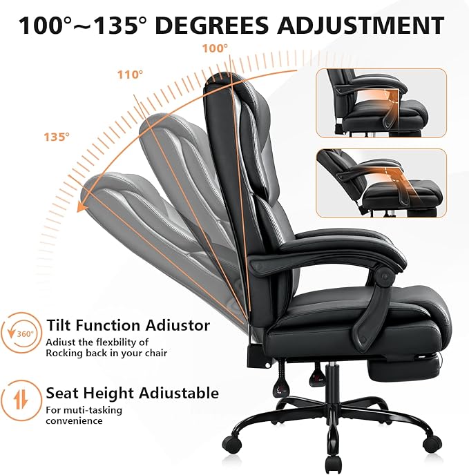 WAILOR 400lbs Office Chair with Foot Rest, Reclining Big and Tall Office Chair with Lumbar Support Spring Cushion, High Back PU Leather Computer Chair,Comfy Desk Chair for Home Office
