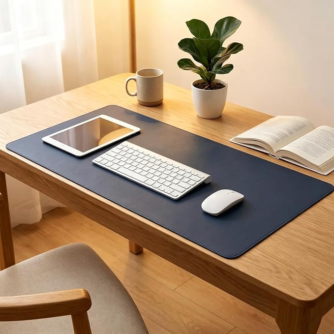 Desk Pad Blotter,PIPRE 11.03x23.64 in PU Leather Mouse Pad,Waterproof Non-Slip Writing Desktop Protector Mat,Office Desk Accessory,Dark Blue