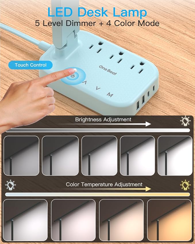 One Beat LED Small Desk Lamp Power Strip 5ft Extension Cord, 3 Outlets, 4 USB Ports(2 USB C), 4 Modes, 5 Level Touch- Home, Office, Bedroom, Bedside, Study Reading Light, Dorm Room Essentials, Blue