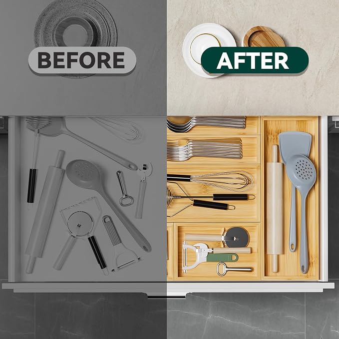 Lixple Bamboo Drawer Organizer, Cutlery Silverware Organizer for Kitchen Drawer, Stackable Utensil Organizer, 2 Pcs Flatware Organizer for Drawer, Wooden Storage Box Tray (Bamboo, 9 X 6 X 2 Inch)