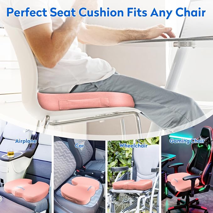 CushZone Seat Cushion, Office Chair Cushions, Car Seat Cushion, Non-Slip Sciatica & Back Coccyx Tailbone Pain Relief Chair Pad, Memory Foam (Large,Pink)