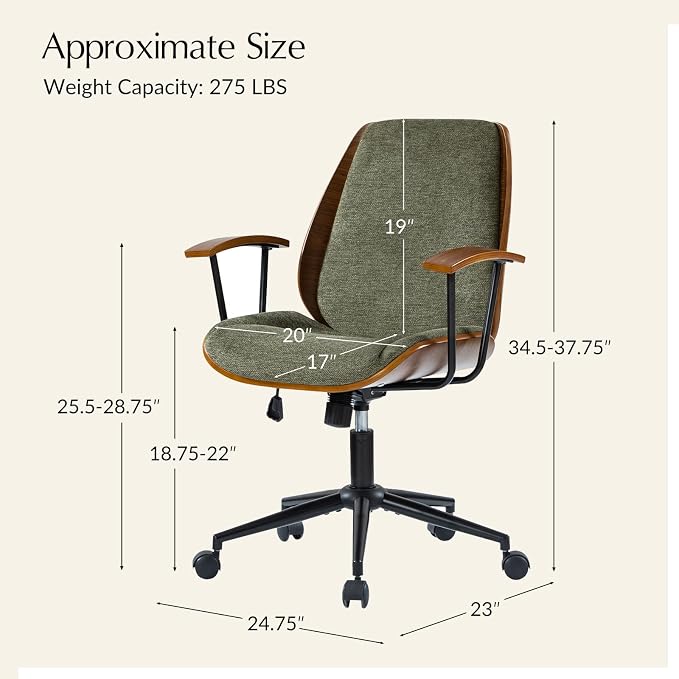 HULALA HOME Solid Wood Office Chair with Tilt Function & Metal Base, Green | Mid Century Modern Desk Chair with Bent Wood Frame, 360° Swivel Fabric Computer Task Chair, Height Adjustable