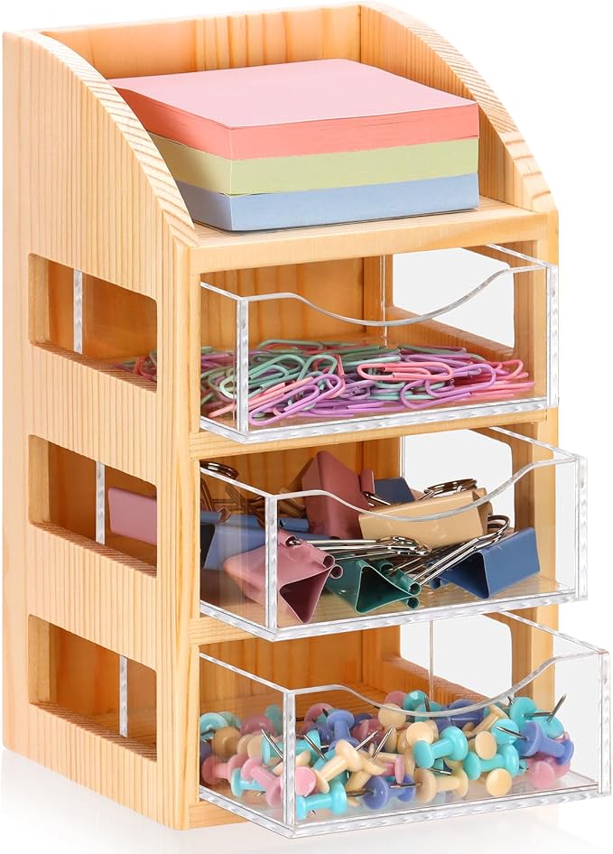 3 Drawer Desktop Accessory Storage Acrylic Sticky Note Holder with Drawers Clear Post it Note Holder Wood Paper Clip Organizer Push Pin Holder Desk Organizer Small Space 4.53"L x 4.1"W x 7.7"H