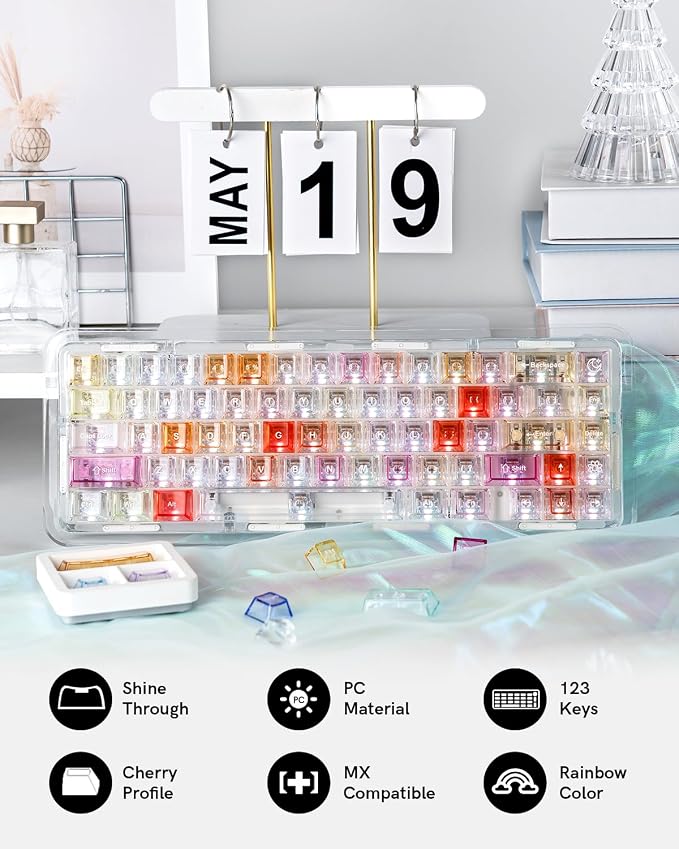 Keymatic Cherry Profile PC Transparent Keycaps, 123 Keys Dye-Sublimation Custom Keyboard Keycaps Shine Through Cute Rainbow Key Cap Set for Cherry MX Swithes Mechanical Keyboard(Only Keycap Set)