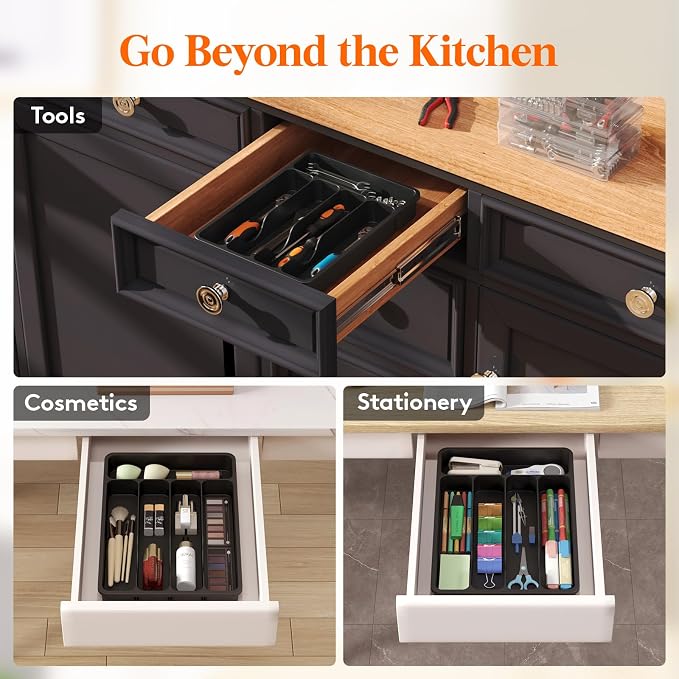 Lifewit Silverware Drawer Organizer Tray, Plastic Cutlery Storage for Kitchen, Flatware and Utensil Holder Divider for Spoons Forks Knives Tableware, 9.1 x 12.6", 5 Slots, Black