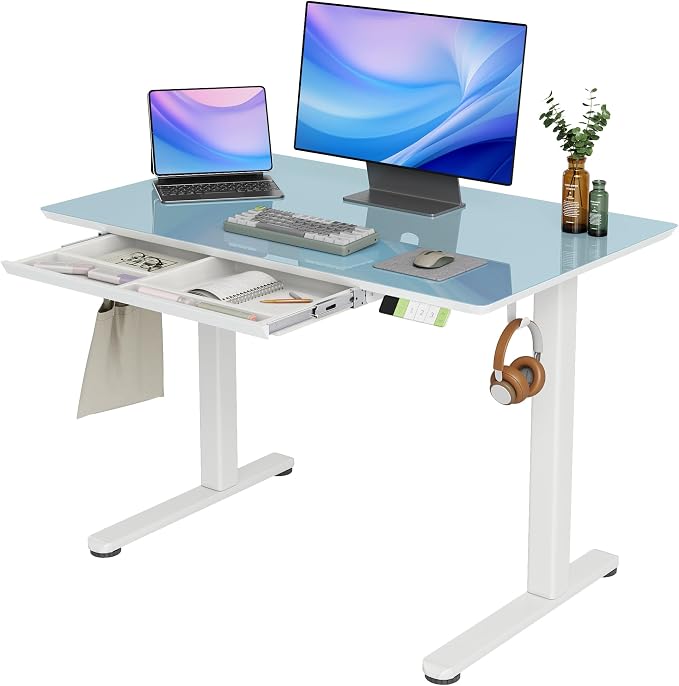 INNOVAR 40×24 Inch Morandi Blue Glass Standing Desk with Drawers | Tempered Glass Top, Ergonomic, Adjustable Height, Stand Up Desk,4 Memory Presets